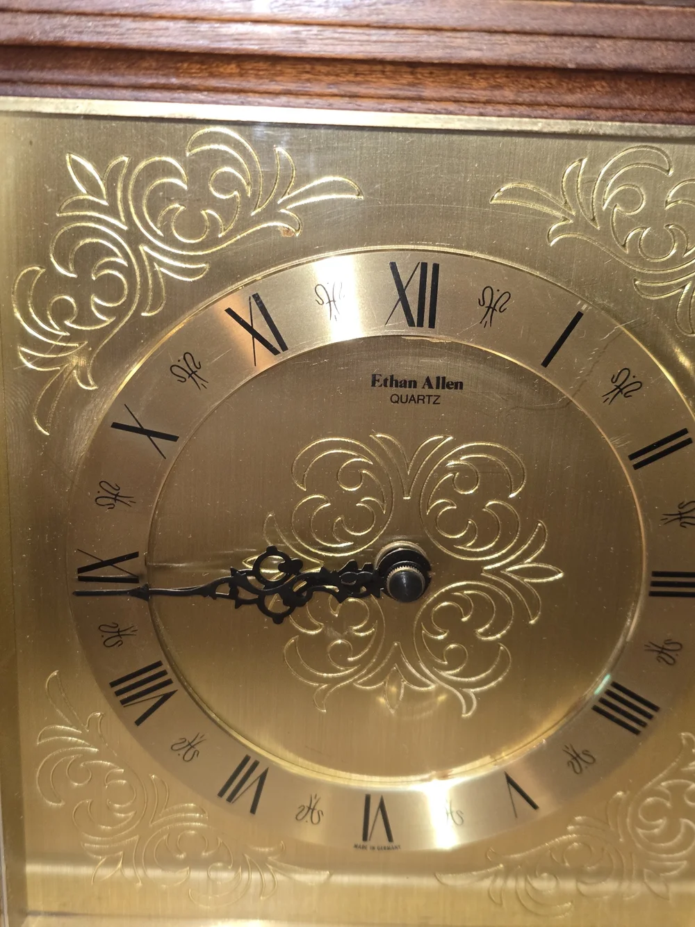 Ethan Allen Gold & Wood Mantel Clock - Brass Finish